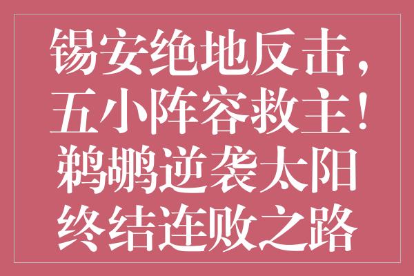 锡安绝地反击，五小阵容救主！鹈鹕逆袭太阳终结连败之路